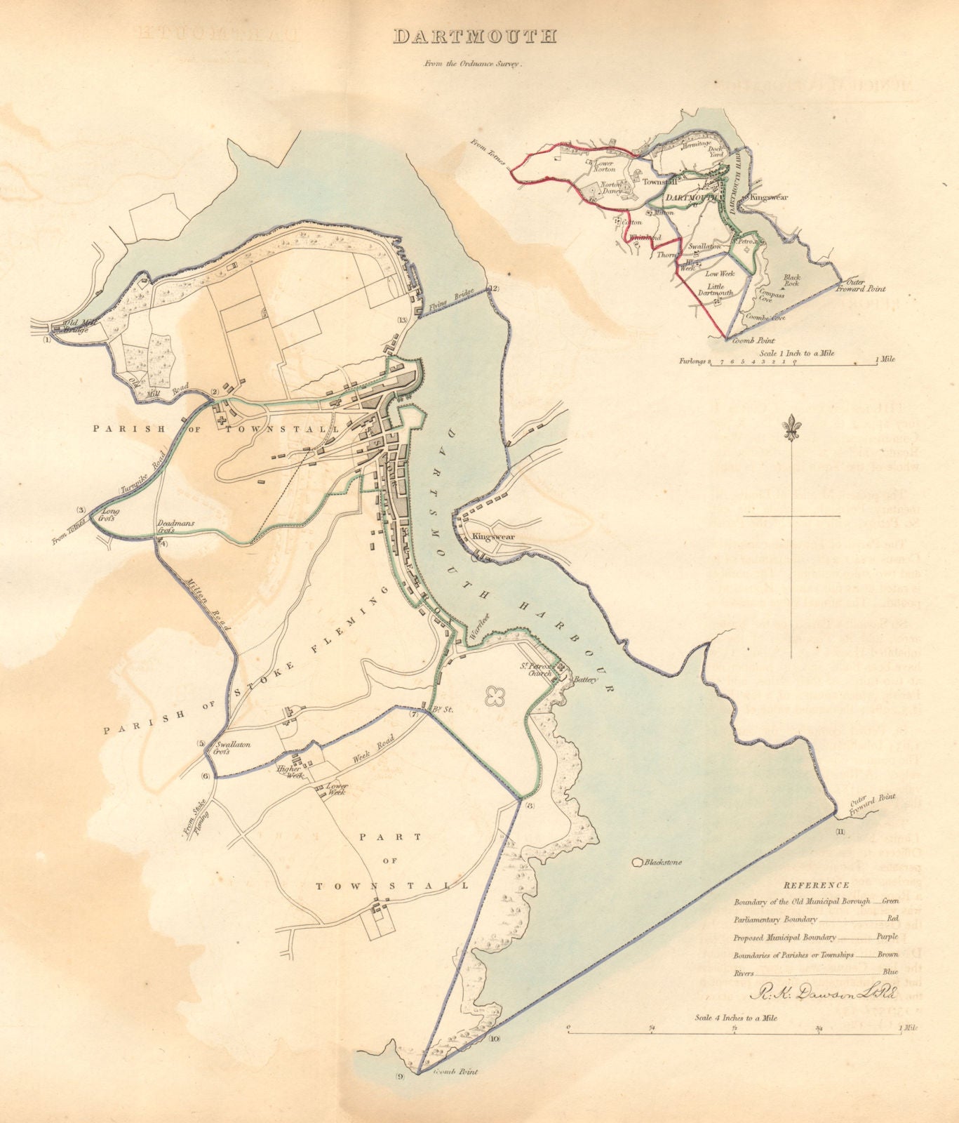 DARTMOUTH borough/town plan. BOUNDARY COMMISSION. Devon. DAWSON 1837 old map